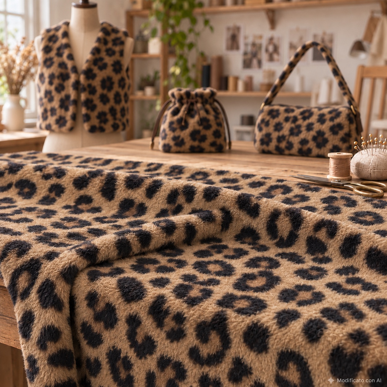 Tessuto leopardato con borsa e gilet coordinati
