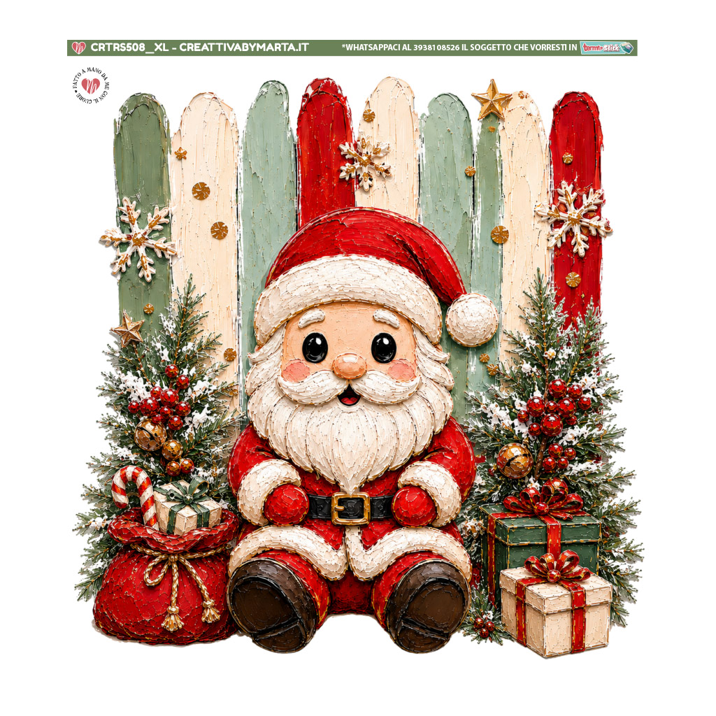 Babbo Natale dipinto con regali, abeti e fiocchi di neve