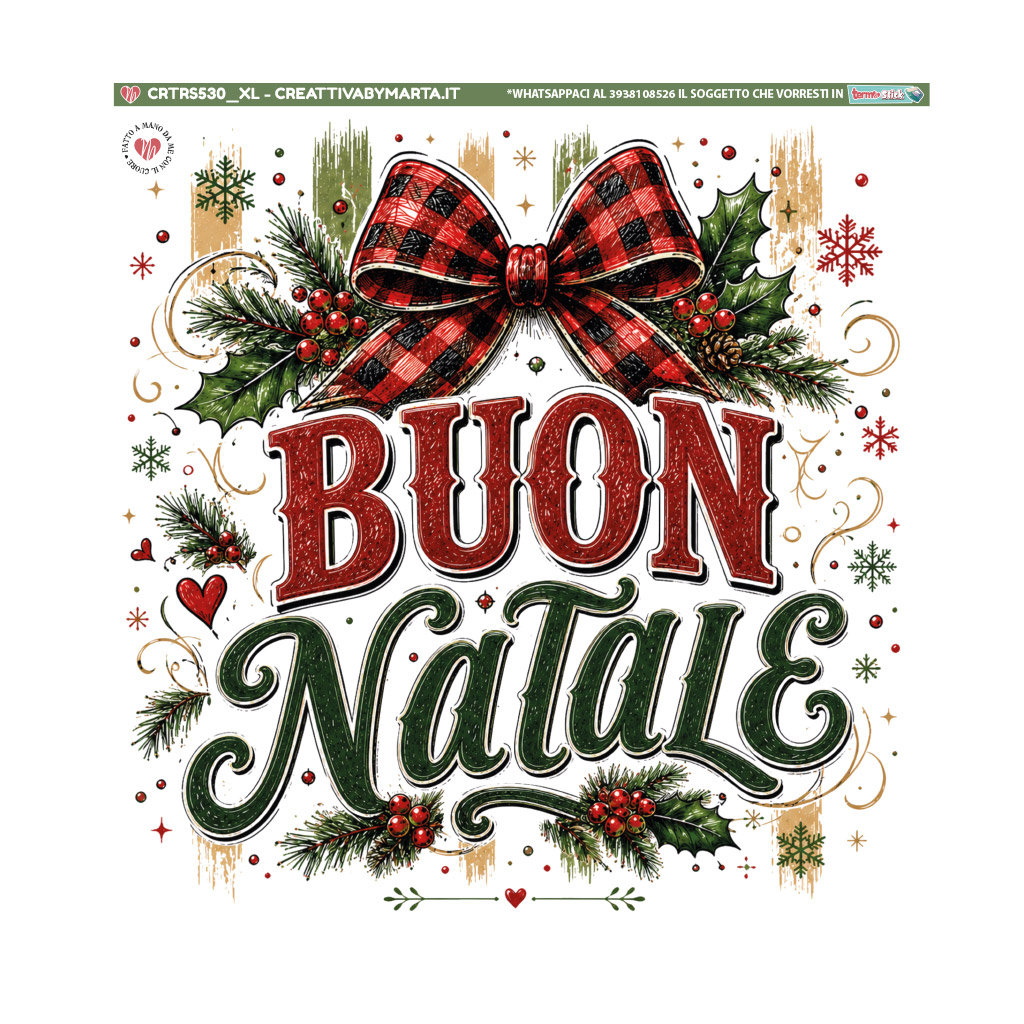 Grafica natalizia con fiocco a quadri e scritta Buon Natale