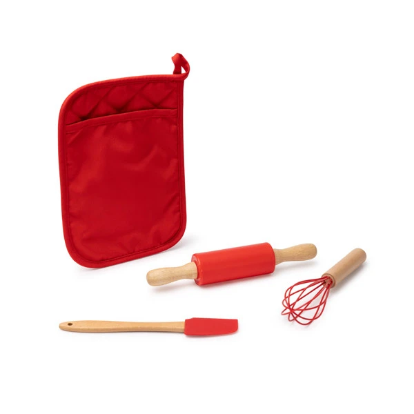 Set da cucina rosso con guanto, mattarello, frusta e spatola