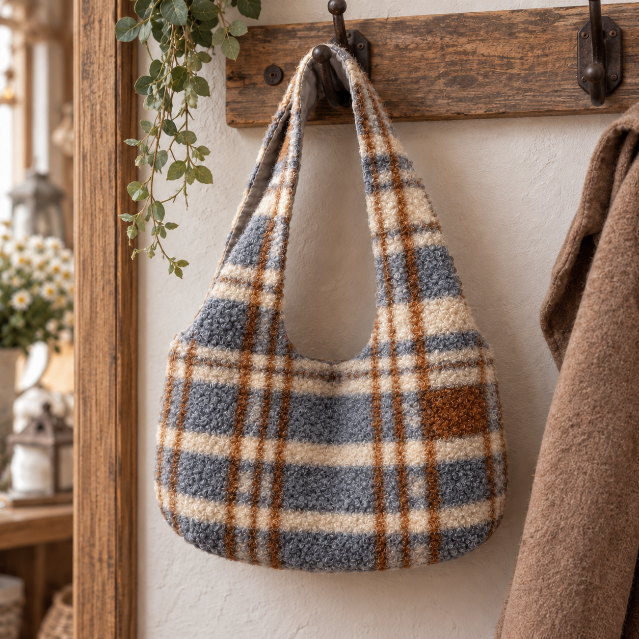 Borsa a spalla scozzese appesa a un attaccapanni