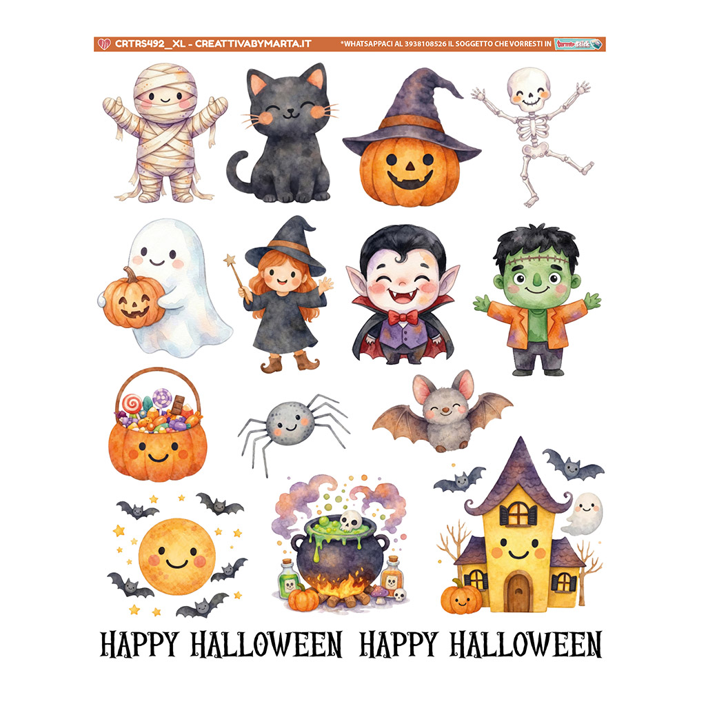 Illustrazioni acquerellate di personaggi e simboli di Halloween