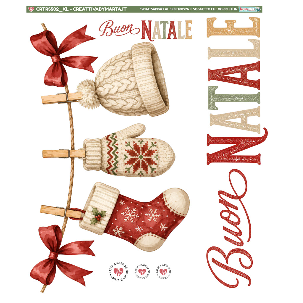 Illustrazione natalizia con cappello, guanto, calza e fiocchi rossi