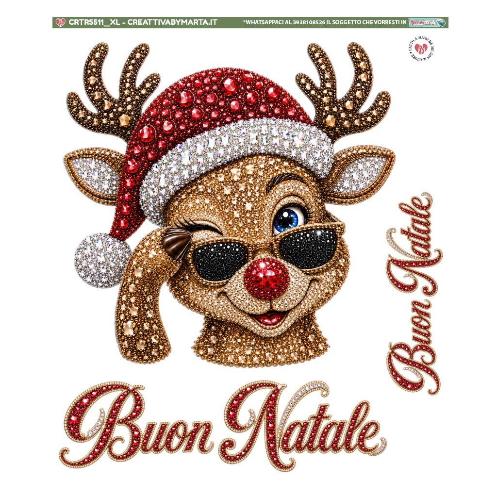 Renna con occhiali e cappello natalizio tempestati di strass