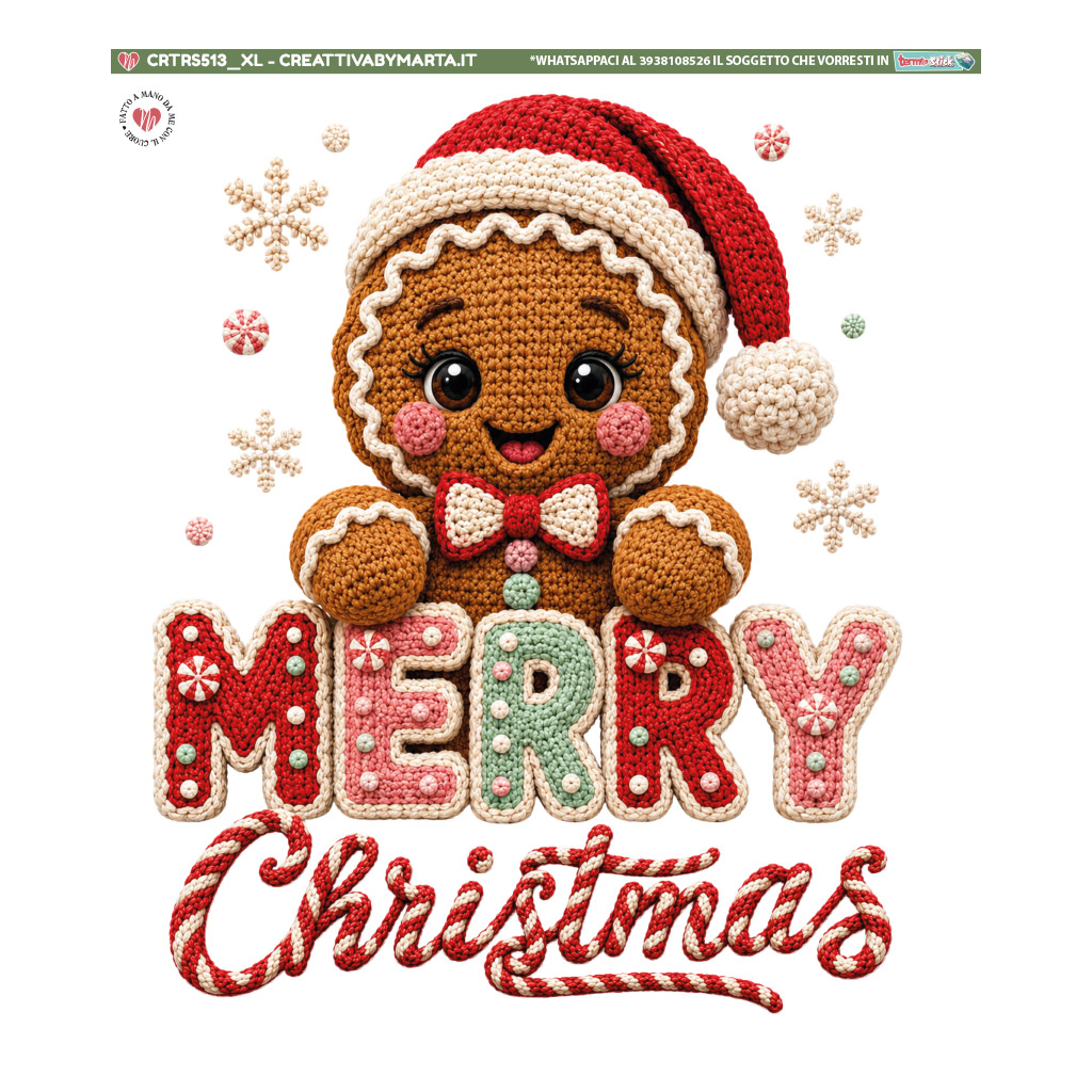 Omino pan di zenzero all’uncinetto con scritta Merry Christmas