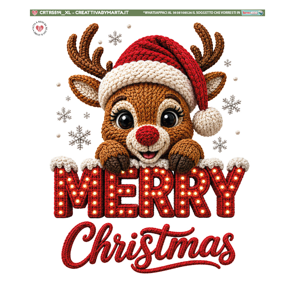 Renna all'uncinetto con cappello natalizio e scritta Merry Christmas