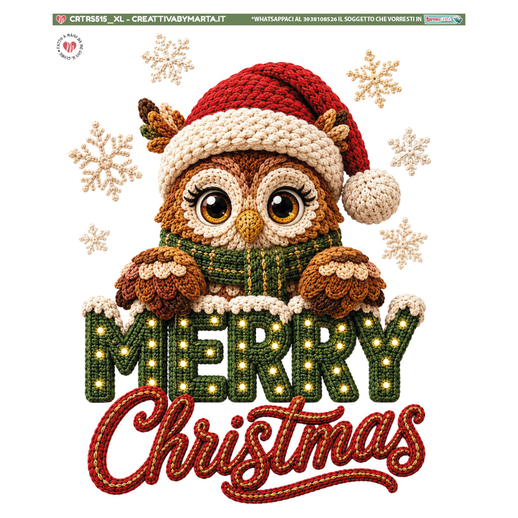 Gufo natalizio all’uncinetto con scritta Merry Christmas