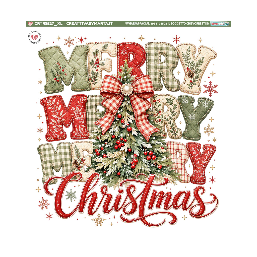 Scritta Merry Christmas con albero e fiocco natalizi