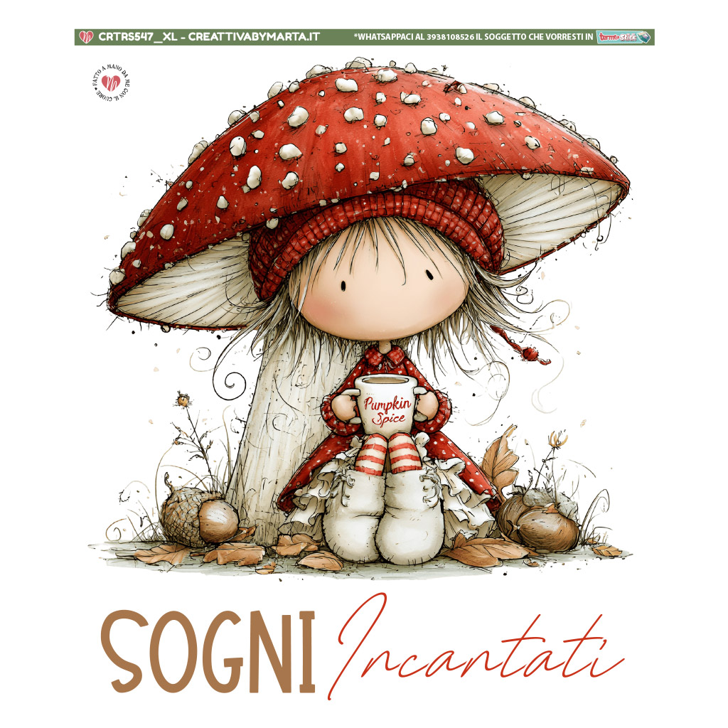 Bambolina sotto fungo rosso con tazza di Pumpkin Spice