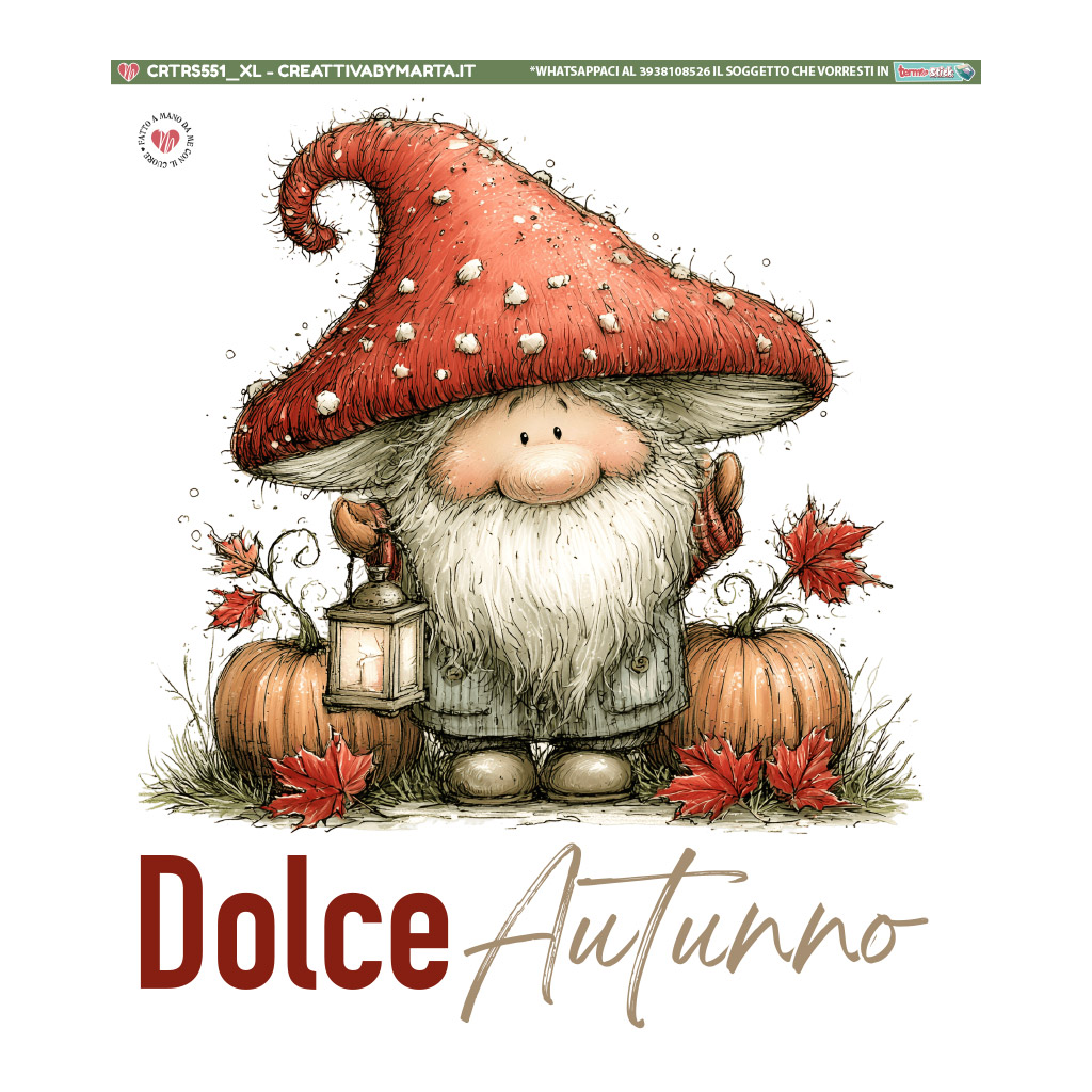 Gnomo autunnale con cappello a fungo, zucche e lanterna