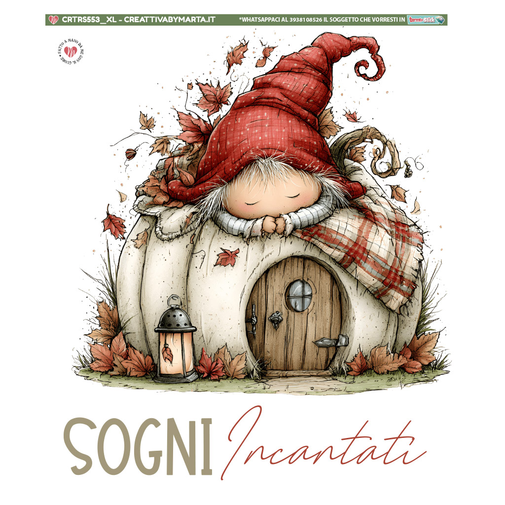 Gnomo addormentato su casetta tra foglie autunnali