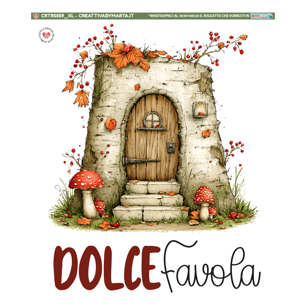 Casetta fatata autunnale con funghi rossi e porta di legno