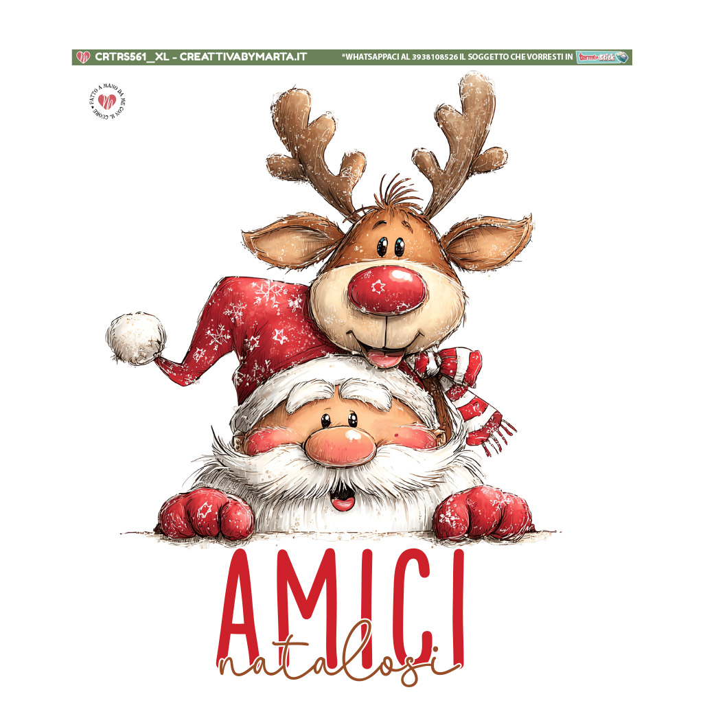 Babbo Natale e renna con scritta Amici natalizia