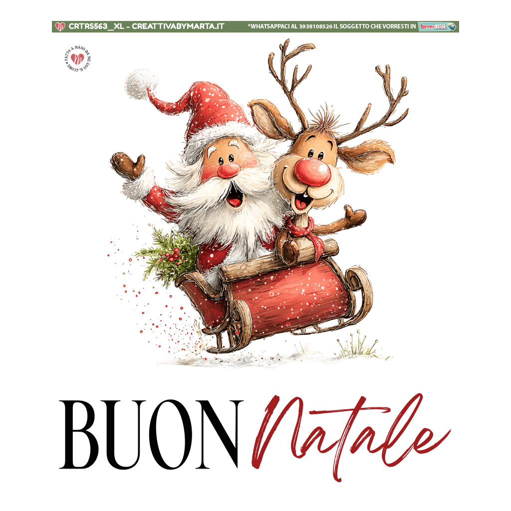 Babbo Natale e renna sorridenti su slitta rossa
