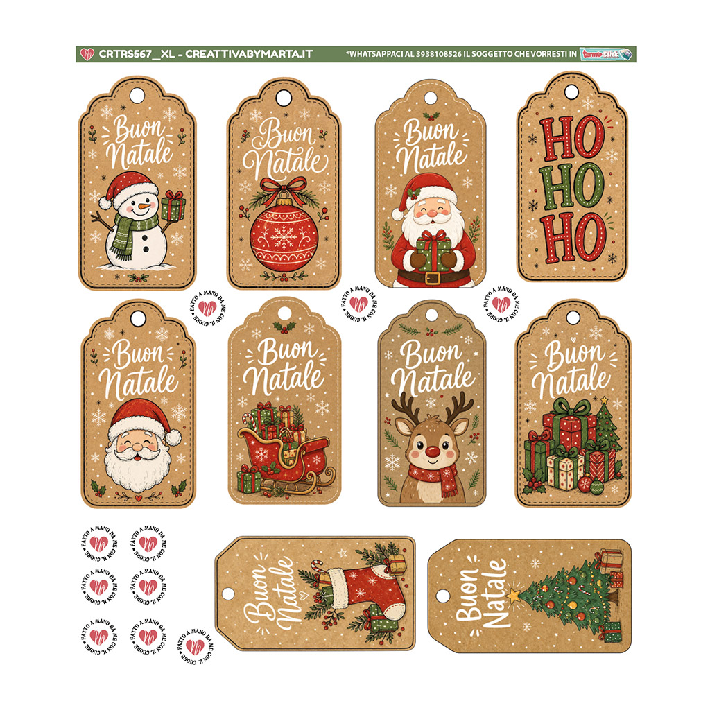 Etichette natalizie illustrate con Babbo Natale, renna e regali