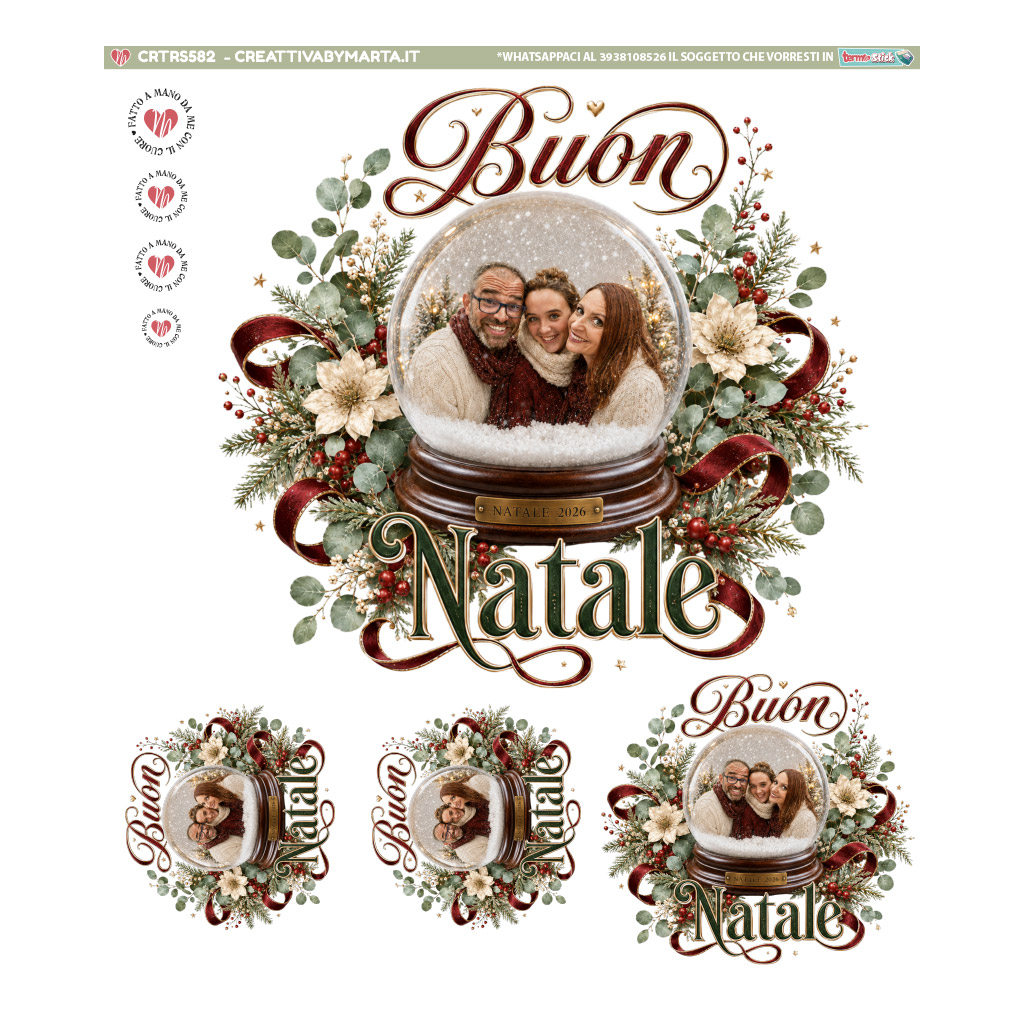 Grafica natalizia con famiglia in sfera di neve